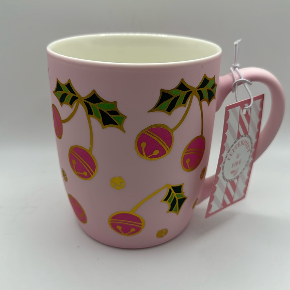 NEW Pink Christmas Winter Cherry Holly Bells‎ Soft Matte Touch Mug